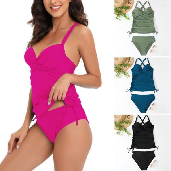 Roupa de banho feminina 1 conjunto de biquíni feminino cor sólida sem aro maiô elástico frontal cruzado feminino com almofada no peito roupas