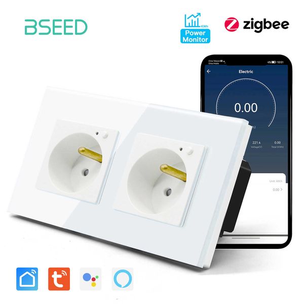 Smart Power Plugs Bseed Zigbee French Socket Wall Wall Smart Sockets Функция монитора Power Tuya Smart Life Alexa Voice Control Glass Panel 16A HKD230727