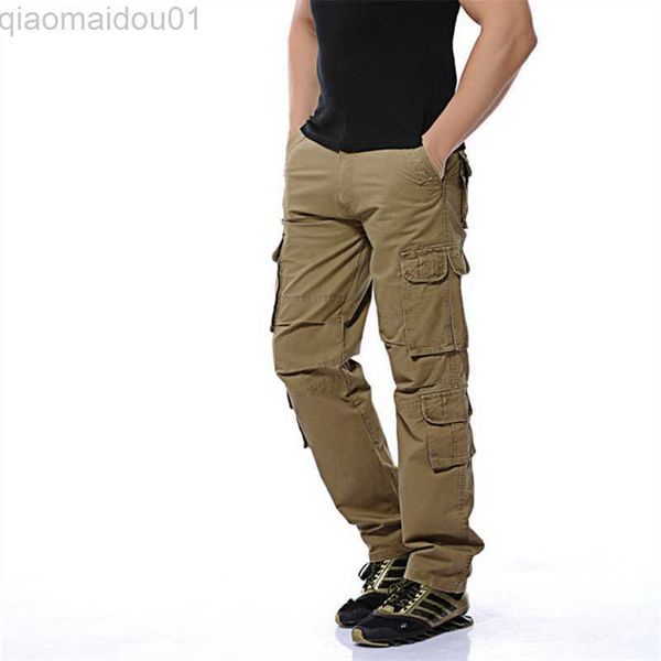 Calças masculinas 2023 novas calças de carga dos homens exército verde preto grandes bolsos decoração casual fácil lavagem calças masculinas primavera outono calças tamanho 28-46 l230727