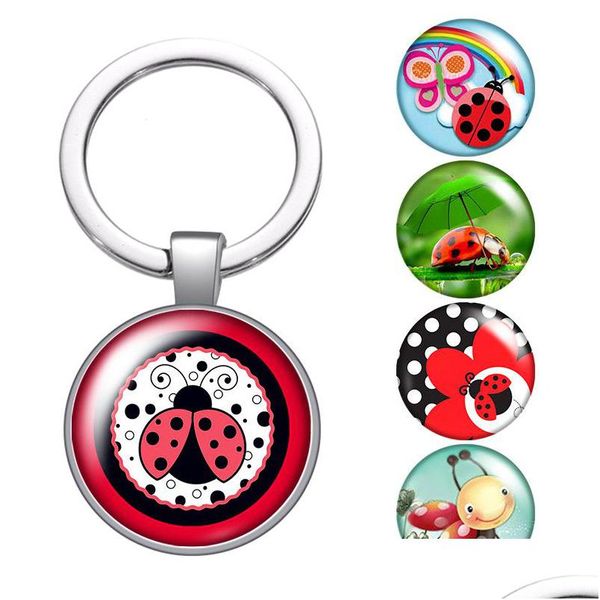 Chaveiros Cordões Adorável Joaninha Bonito Animais do Amor Vidro Cabochão Chaveiro Saco Porta-Chaves Do Carro Amuletos Encantos Banhado a Prata Feminino Dhu5B