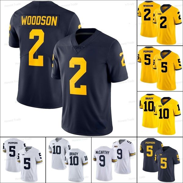 Мичиган Росомахи 9 JJ McCarthy Jersey 2 Woodson 10 Tom Brady 97 Эйдан Хатчинсон Пепперс Колледж Колледж сшитый желто -синий белый мужчина