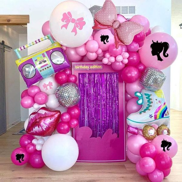 Racks rosa princesa tema balão guirlanda arco kit folha disco 4d balões decoração de casamento nupcial meninas festa de aniversário decoração do chuveiro do bebê