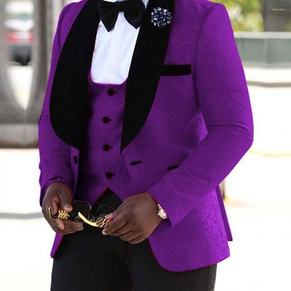 Ternos masculinos padrinhos padrão roxo e preto smoking xale lapela homens casamento homem (jaqueta calça colete gravata) D91
