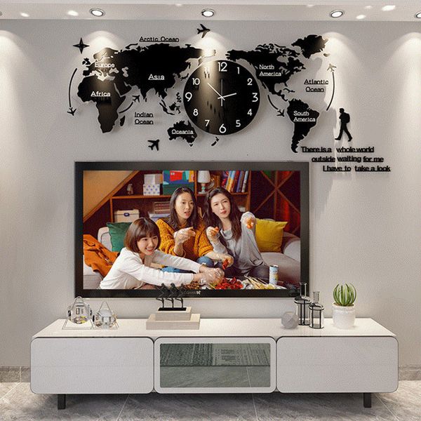 Objetos Decorativos Estatuetas Relógio de Parede 3D Nórdico Moderno Mapa do Mundo Sala de Estar Espelho Acrílico Relógios Home Decor Louds er Mute Quartz Watch 230727