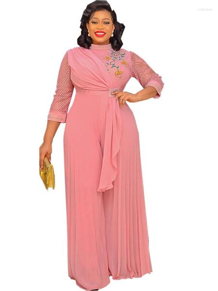 Roupas étnicas macacão africano roupas de outono feminino 2023 chiffon solto malha bordada meia manga elegante senhora vestidos de clube de uma peça