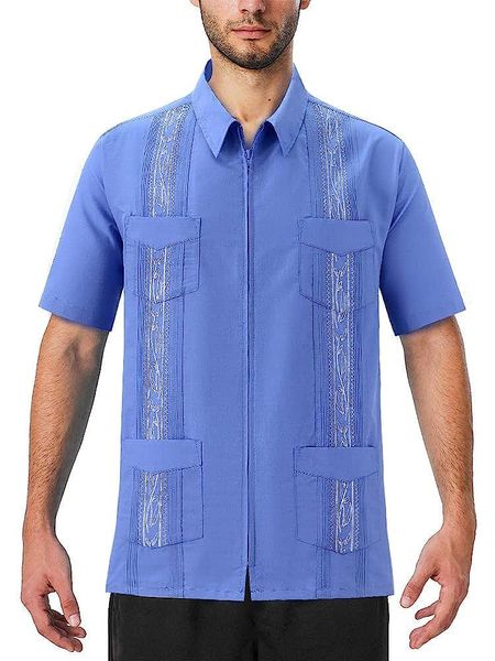 Camisas casuais masculinas manga curta guayabera cubana com zíper frontal e havaiana mexicana com bolso 230726