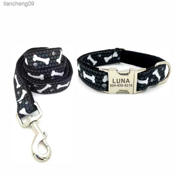 Collare per animali personalizzato con puntini grigi Personalizzato Etichetta identificativa per cuccioli Accessorio per gatti regolabile Ossa per zampa di cane Collari per cani di base neri Guinzaglio L230620