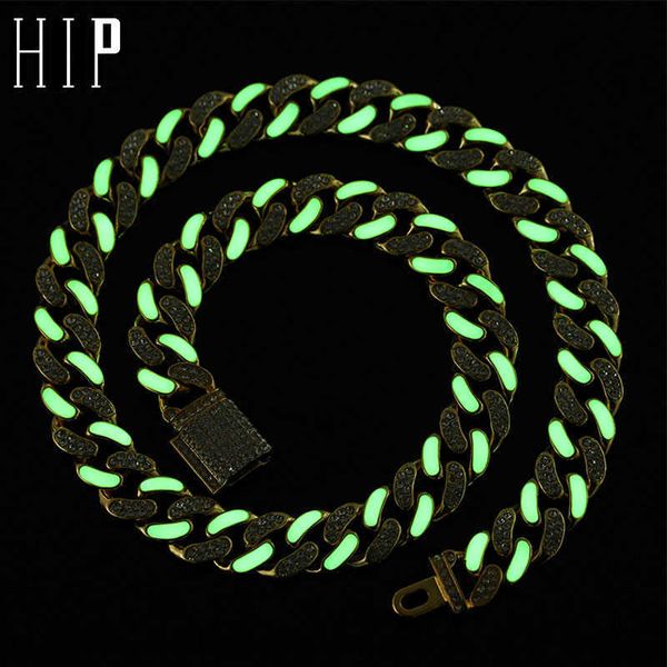 Hip Hop 13mm Catena a maglia cubana luminosa Dripping Glow in the Dark Bling Crystal Iced Out Bracciale Collana per uomo Donna Gioielli