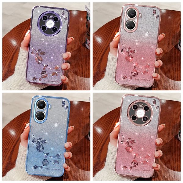 Kristall-Diamant-Bling-Glitzer-weiche TPU-Hüllen für iPhone 15 Pro Max 14 Plus 13 12 11 8 7 6 X XR XS Blume verchromte metallische Beschichtung Farbverlauf Luxus-Mode-Handy-Abdeckung