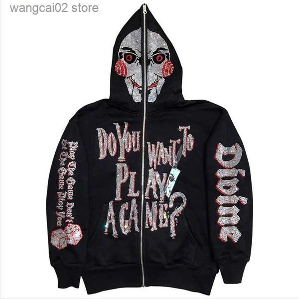 Herren Hoodies Sweatshirts Gothic Hip Hop Maske Hot Diamond Kapuzen-Reißverschluss Strickjacke Lose Herren- und Damenmode Marke Pullover Mantel T230727