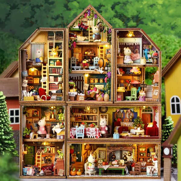 Cucine Gioca cibo Fai da te Mini Rabbit Town Casa Case delle bambole in legno Kit di costruzione in miniatura con mobili Casa delle bambole Giocattoli per ragazze Regali di compleanno 230726