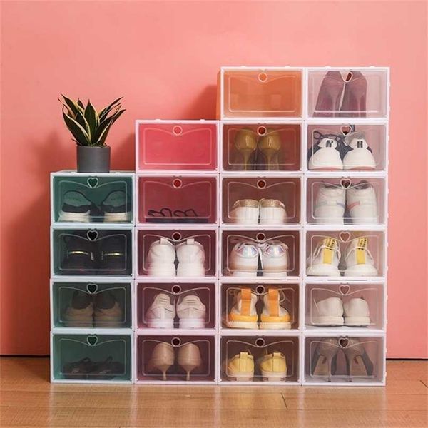 6 pçs conjunto de caixa de sapato multicolor dobrável de armazenamento de plástico claro organizador de casa sapateiro pilha display organizador de armazenamento caixa única 222313