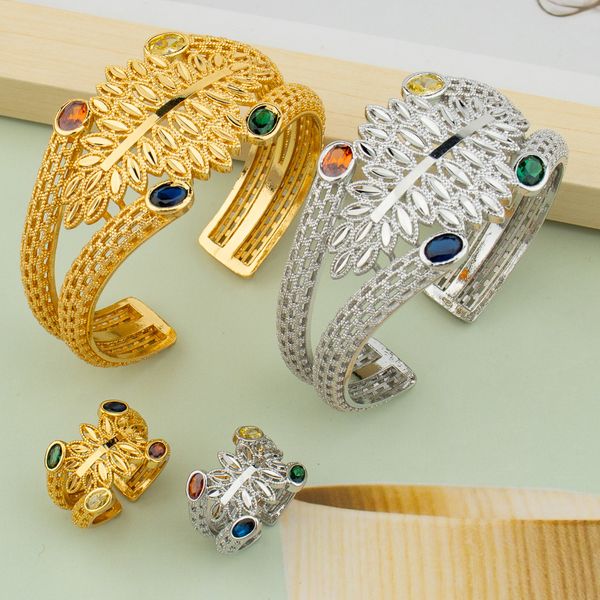 Set di gioielli da sposa Bracciale rigido con anello per le donne Bracciale placcato marocchino Gioielli regalo di nozze nigeriano Bracciale di pietra di lusso indiano 230727