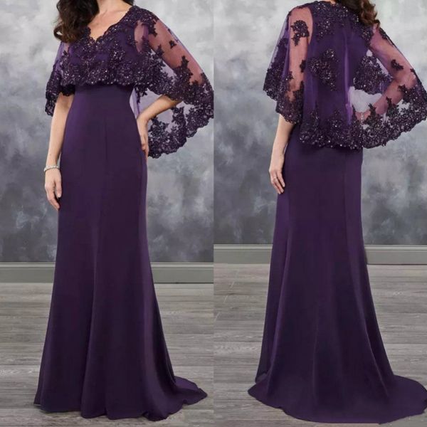 2023 Vintage Lila A-Linie Kleid für die Brautmutter mit Cape-Schal-Wickel, glitzernden Pailletten, Spitze, Hochzeit, Bräutigam, Party-Kleider, Übergröße, Robe de Soiree