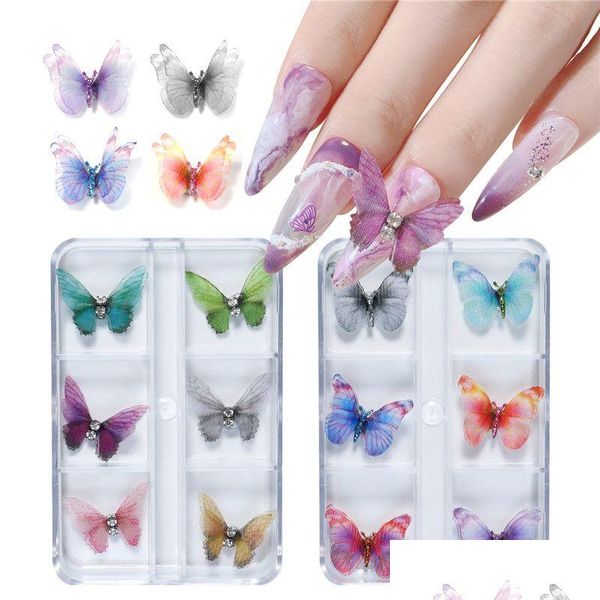 Decorazioni per nail art 6 pezzi Mesh Farfalla Doppio strato Colorf 3D Farfalle volanti Gioielli Fai da te Accessori per manicure Drop Deliver Dhrtl