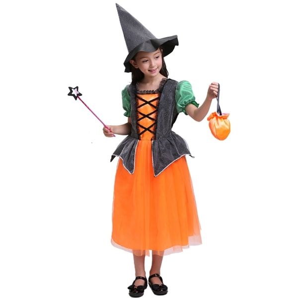 Lembranças Crianças Fantasia de Halloween Bruxa Cosplay Cor Contraste Vestido Boné Saco de Doces Festa de Máscaras Papel para Brincar Roupas de Crianças Palco 230726