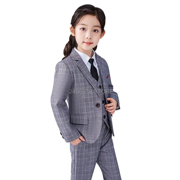 Suits Marka Düğün Çocukları Kızlar İçin Takım Formal Ceket Yelek Pantolon Tie 4pcs Gençler Blazer Set Çocuklar Ekose 212 Yıllık Giyim 230726
