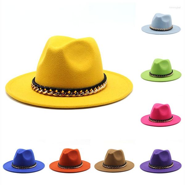 Berets Simple Yellow Fedora Hats Wide Brim Men Women Hate Jazz Caps Felted Chain Belt Cowboy Vintage Luxury Winter Laides