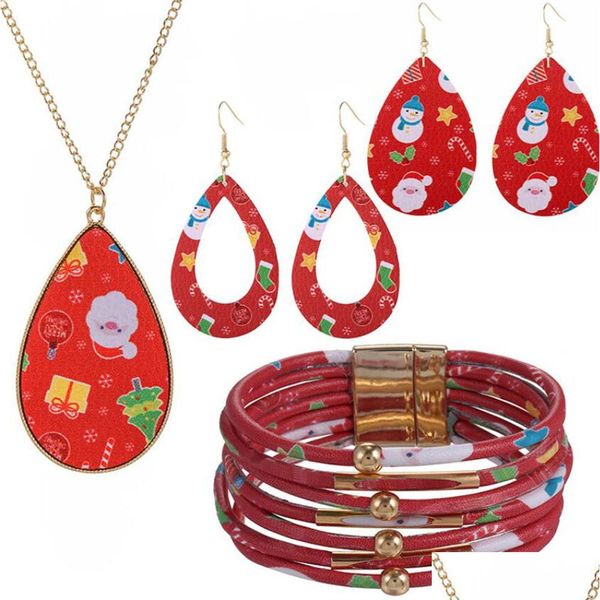 Decorações de Natal Atacado Enfeites de Couro Europeu Americano Colar de Boneco de Neve Brincos de Papai Noel Conjunto de Pulseiras Drop Delivery H Dhaxf