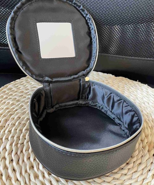Cosmetic Bags Cases Round Cosmetic Bag with Small Mirror Black 14x14cm Soft PU Texture Waterproof Portable Cosmetic Case Storage Box Makeup Z230731