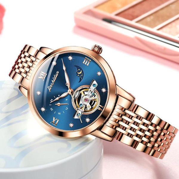 Relógios de pulso TAXAU Skeleton Automático Relógio Mecânico Para Mulheres Luxo Rosa Dourado Senhoras Vestido Pulseira de Aço Inoxidável Relógio de Pulso