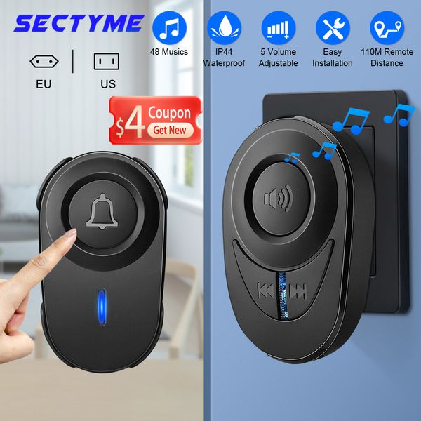 Дверные звонки Sectyme Intelte Wireless Door Doorbell Outdoor Waterpronation Smart Home Door Bell Eu Plug 48 Аккорды Светодиодные сигнализация.