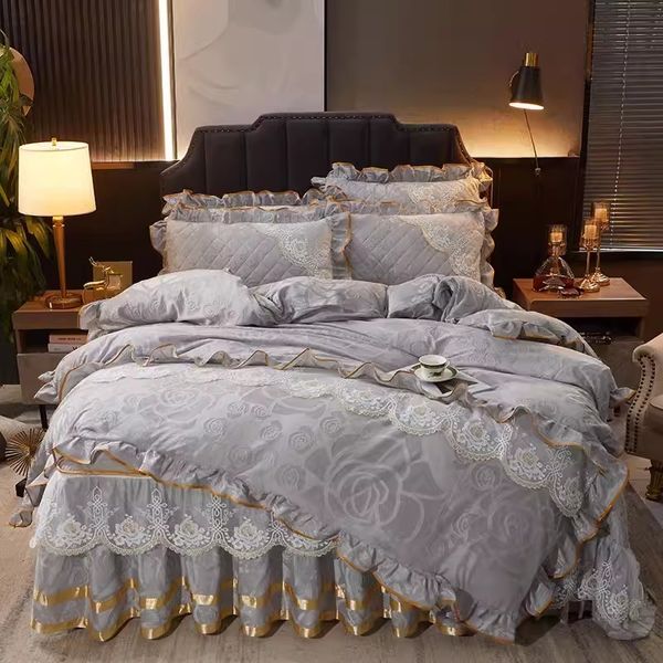 Conjunto de cama nórdico luxo renda veludo capa de edredom acolchoado saia de cama e fronha com zíper destacável edredom tamanho completo 230727