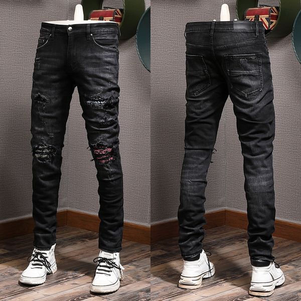 Jeans de motociclista elásticos pretos masculinos desgastados finos fitness calças de cowboy longas tamanho grande 38