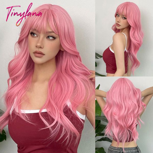Perucas cosplay rosa claro longo ondulado cosplay perucas de cabelo sintético com franja para mulheres brancas afro lolita onda de água halloween calor reisitant peruca 230727