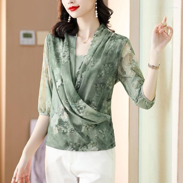 Camicette da donna Camicia in chiffon con stampa floreale verde Camicetta moda primavera estate 2023 Manica lunga con scollo a V stile coreano Elegante per donna