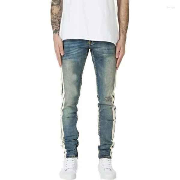 Herren-Jeans, seitliche Doppelstreifen, hellblau, Farbe Bump, Trend, Knieloch, gerade Hose