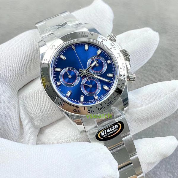 BTF Better SA4130 Cronografo automatico Orologio da uomo Quadrante indice blu Marcatori stick 904L Bracciale in acciaio Oystersteel Vetro zaffiro Blu ghiaccio svizzero luminoso 4130