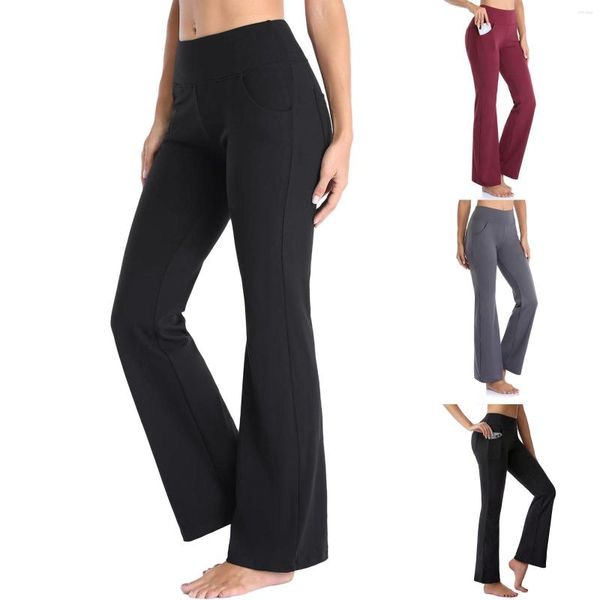 Pantalones activos, mallas acampanadas de cintura alta, pantalones deportivos de pierna recta ancha, pantalones acampanados de Yoga con bolsillo para Fitness, mallas deportivas Push Up