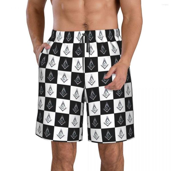 Pantaloncini da uomo Freemason Checkered Pattern Beach Fitness Costume da bagno ad asciugatura rapida Funny Street Fun 3D