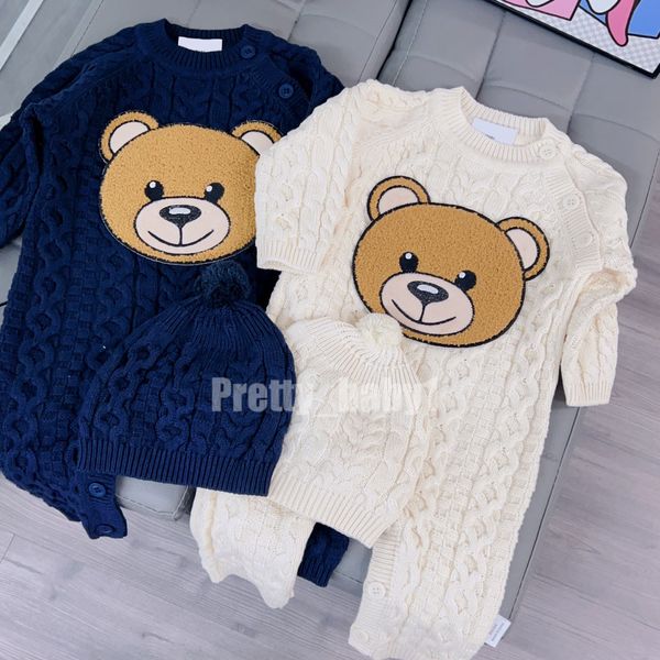 Baby Strampler Neugeborene Kleidung 2023 Herbst Winter Warme Gestrickte Baumwolle Pullover Baby Jungen Overall Kleinkind Säuglingsspiel Hut 2 stücke