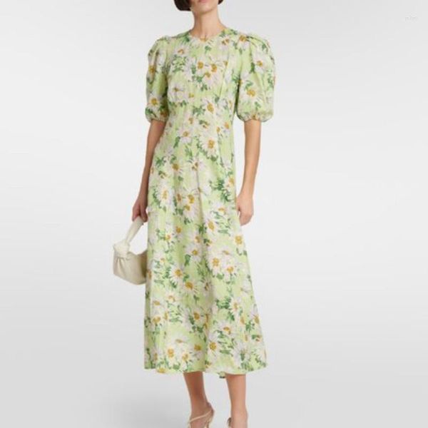 Lässige Kleider 2023 Sommer-Ankunft der höchsten Qualität Grüner Daisy Blumen gedruckt kurzarm O-Neck Midi Kleid