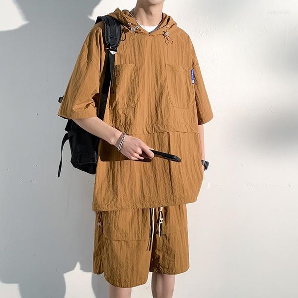 Agasalhos masculinos 2 peças conjunto de shorts de agasalho de verão com capuz combinando carga sólida tamanho grande terno casual roupas masculinas