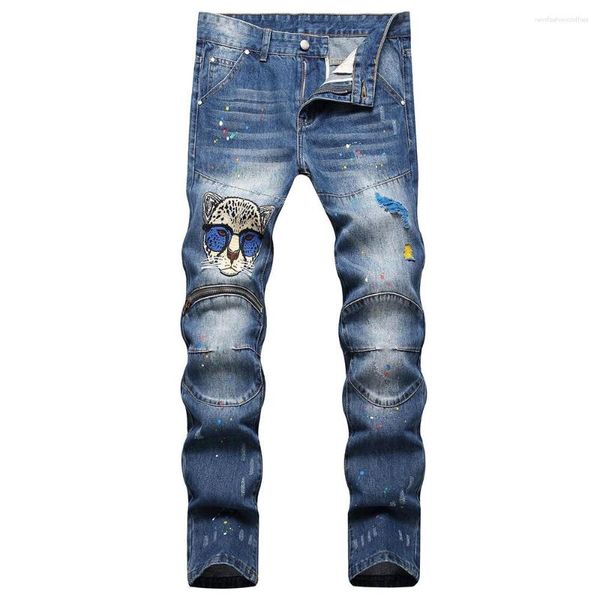 Jeans Masculino Masculino Leopardo Bordado Denim Casual Zipper Patchwork Calças de Motociclista Calças Pintadas Coloridas