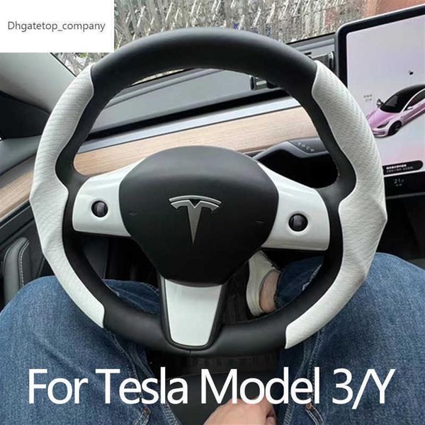 Cobertura do Volante Tesla para Tesla Model 3 Model Y Model S Preto Vermelho Fibra de Carbono Couro Antipele Esporte Volante260t