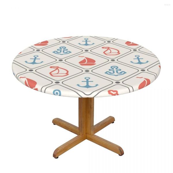 Toalha de mesa moderna capa redonda esticada toalhas de mesa vermelho e azul âncora veleiro linha náutica decorativa para casa