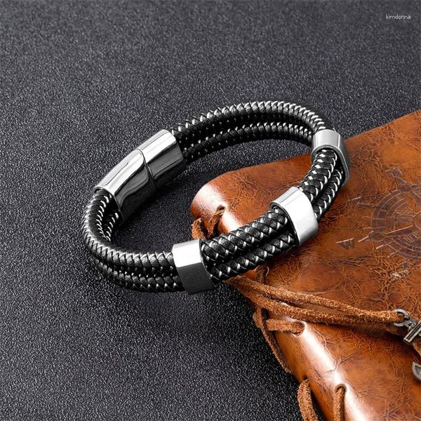 Charm Bracelets 2023 Moda Fio de Aço Couro Corda Pulseira Personalizada Dupla Cor Masculina Couro