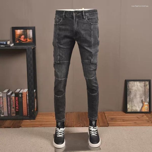 Jeans Masculino Moda de Rua Masculino Retro Preto Cinza Emenda Designer Biker Homme Stretch Hip Hop Calças Finas Calças Enrugadas