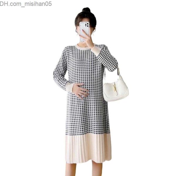 Annelik Elbiseleri Elbiseler A089# Sonbahar Kış Ekose Patchwork Örgü Doğum Elbisesi Zarif Bir Çizgi Hamile Kadın Hamilelik için Gevşek Düz Giysiler Z230728