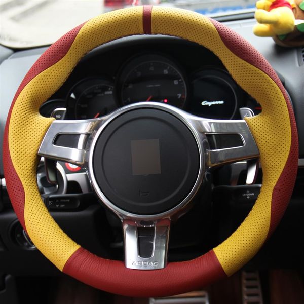 Housse de volant de voiture cousue à la main rouge jaune en cuir véritable pour Porsche Cayenne Panamera 2012 20132373