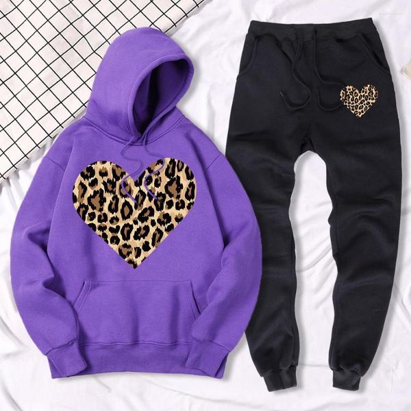 Kadınlar İki Parçalı Pantolon Leopard Love Komik Baskı Spor giyim Takım Kadınlar 2 Set Pocket Hoody Winter Polar Sweatshirt Swearpant Kadın