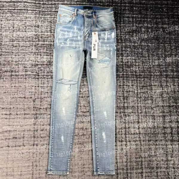 New High Quality Top Jeans Purple Designer Mens Strappato Dritto Regular Denim Lacrime Lavato Old Long Fashion Hole Stack 5 DO5U
