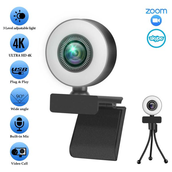 Webcams Webcam 1080P 2K 4K Full com Ring Light Laptop PC Computador Câmera de Transmissão ao Vivo Vídeo Web Câmera Microfone Web