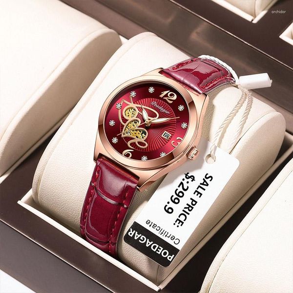 Armbanduhren POEDAGAR Elegante Damenuhr Kleines Zifferblatt Luxus Roségold Lederarmband Weibliche Uhren Top-Marke Wasserdichte Quarzuhr Frauen