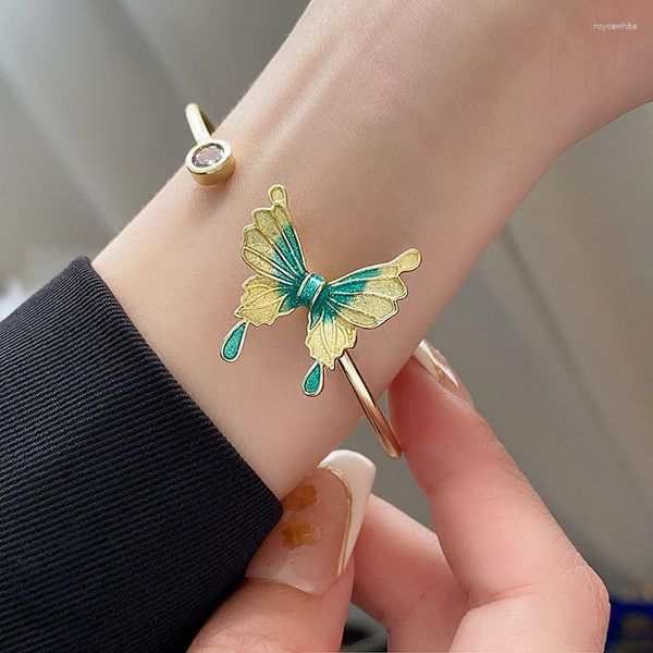 Braccialetto con bracciale e anello a forma di farfalla smaltata in stile cinese per regali di gioielli regolabili con apertura verde sfumato di moda da donna