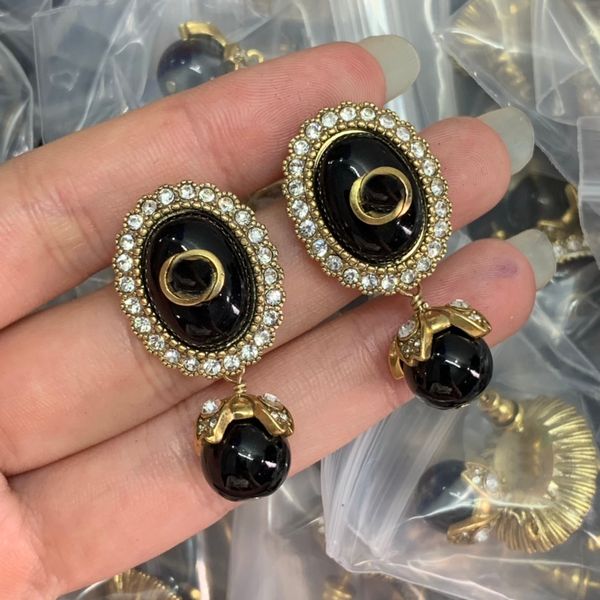 Brincos de orelha de esmalte preto retrô de luxo designer para mulheres joias brinco moda diamante dia dos namorados presente de natal com caixa cgue8 --04